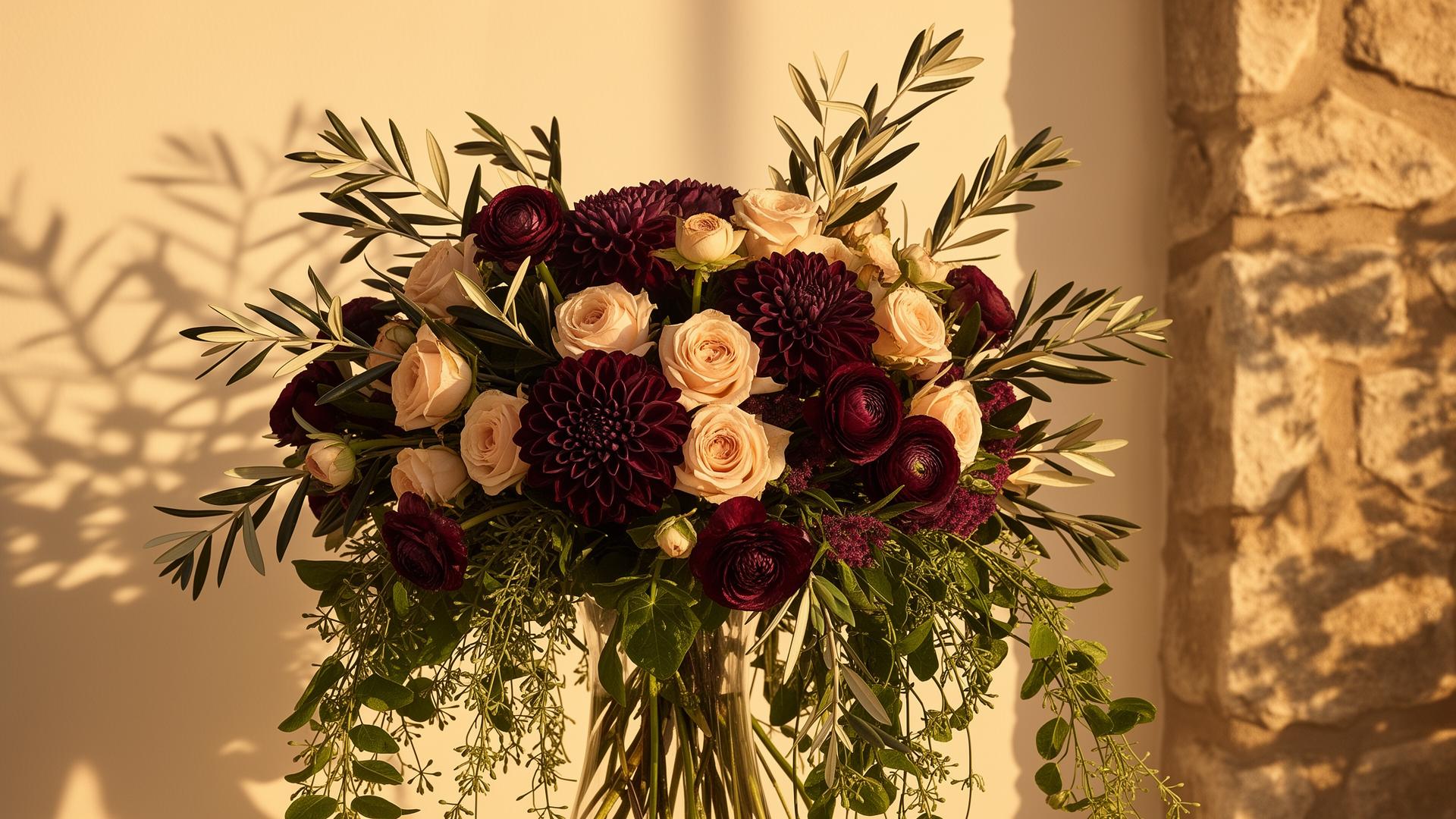 Hand-tied bouquet of aubergine dahlias, blush garden roses and olive branches in warm Mediterranean light